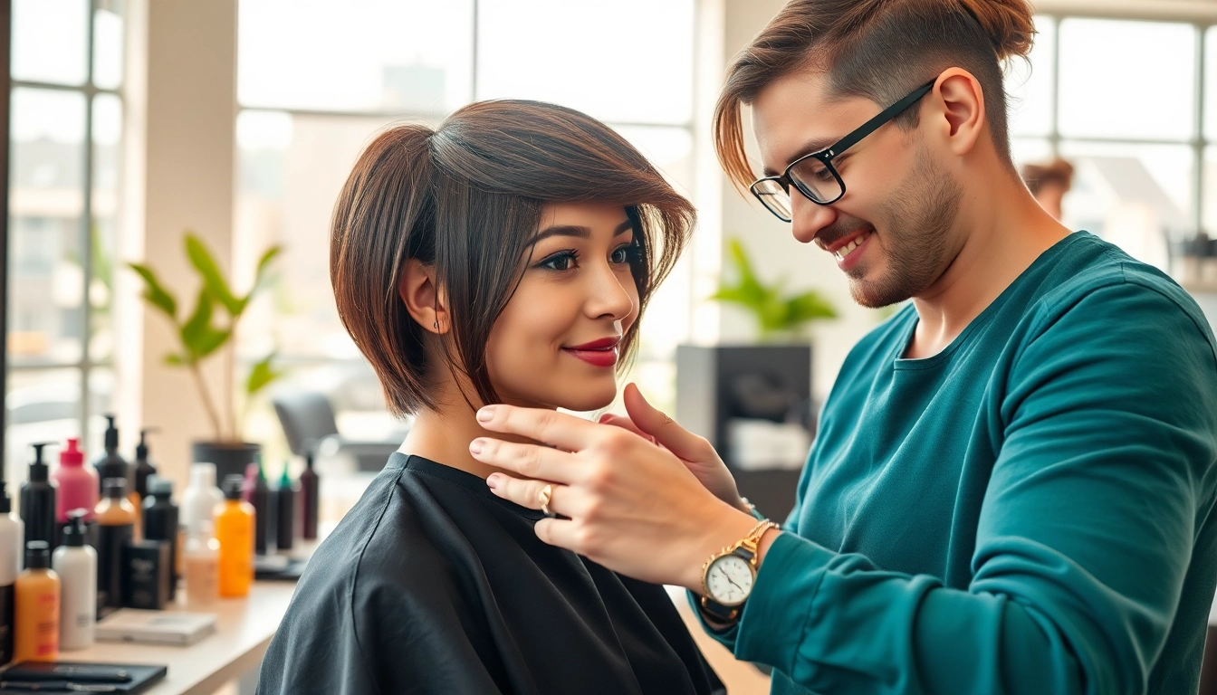 Hairstylist Craiova providing expert haircut services in a vibrant salon atmosphere.