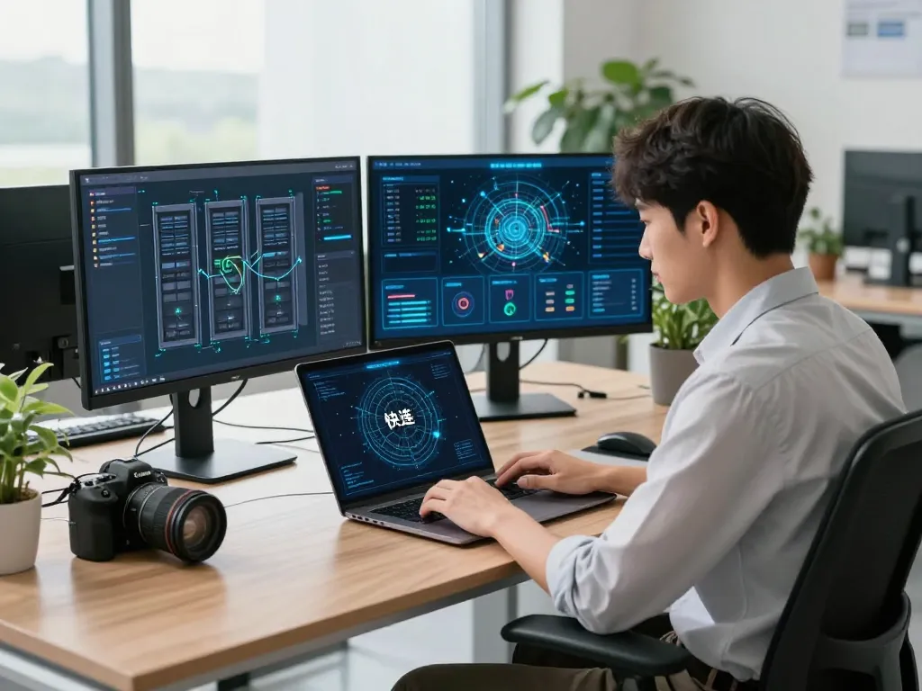 快连 network optimization interface in a modern office setting showcasing speed and security features.