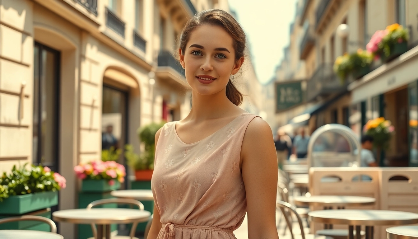 Capture the essence of Mademoisele in a vibrant Parisian café, highlighting elegance and charm.