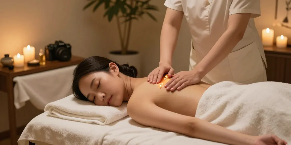 양천구출장안마을 받는 여성의 편안한 마사지 치료 장면, 아로마 향초와 자연 식물이 있는 따뜻한 조명.
