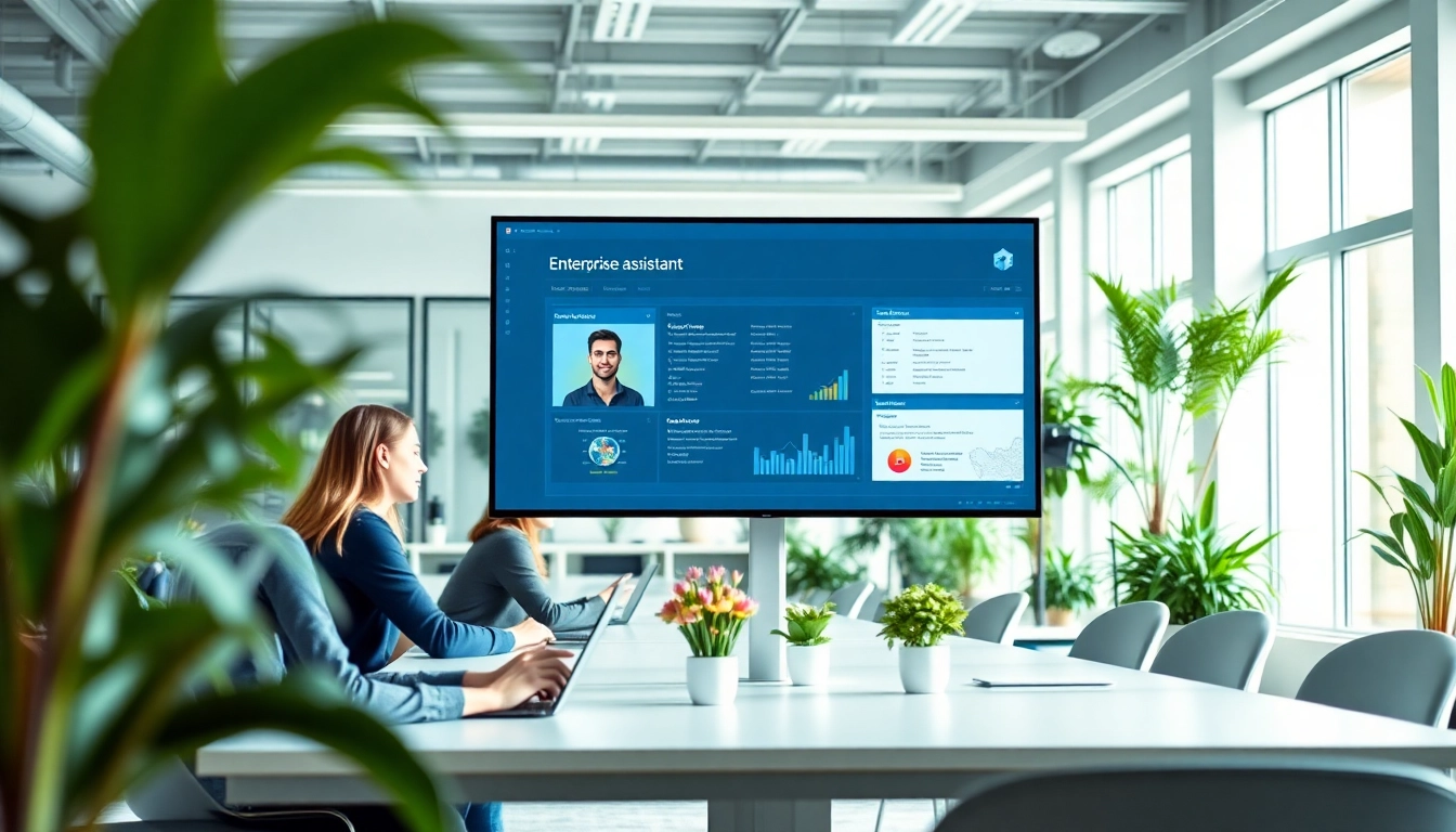 Showcase of enterprise assistant software facilitating teamwork in a modern office setting.
