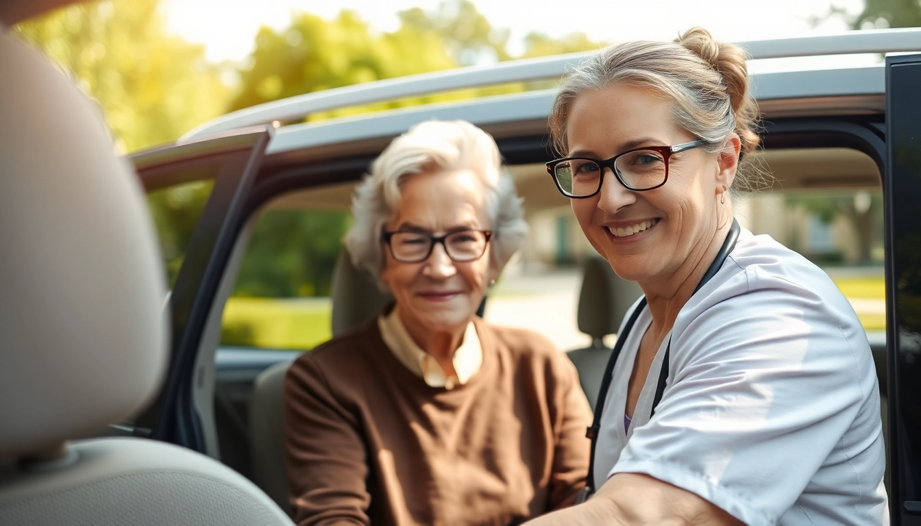 Providing elderly transportation services with a caregiver assisting an elderly client into a vehicle.