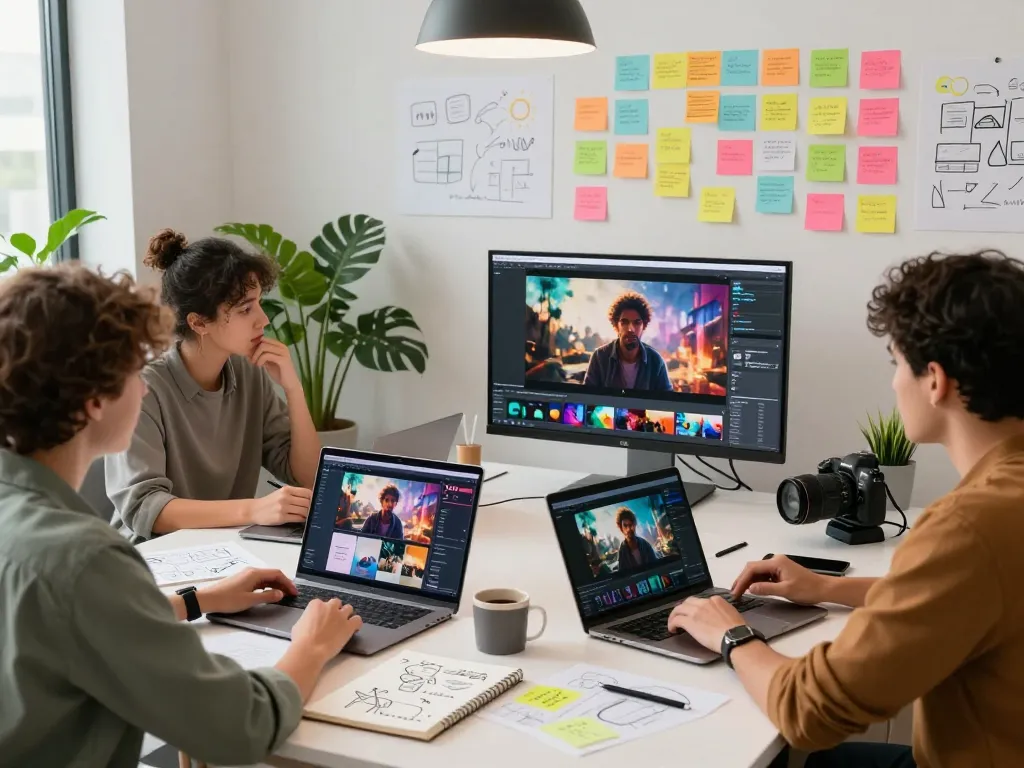 Seedance 2.0 video creators collaborating on cinematic video projects in a modern workspace.