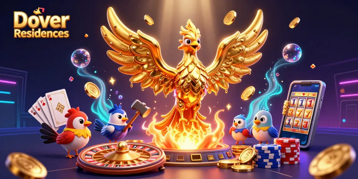 Dover Residences showcases a golden phoenix amidst cascading coins and dazzling casino elements.