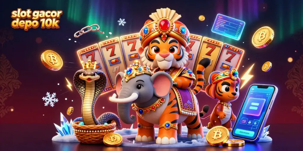 Mainkan slot gacor depo 10k dalam ilustrasi 3D yang menarik dengan elemen kasino dan jackpot.