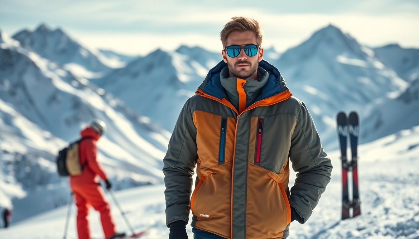 Showcase of insulated outerwear on a model in a snowy landscape, highlighting comfort and style.