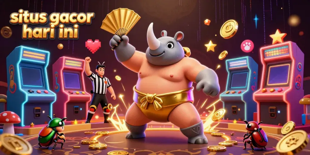 Slot gacor hari ini dimeriahkan oleh juara sumo berbentuk kumbang, melambungkan koin emas.