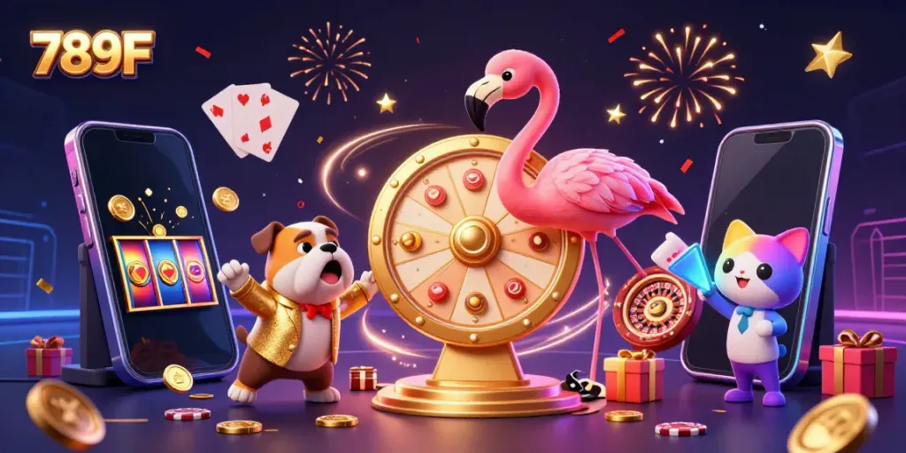 Experience the excitement of 789F as a game show host spins the prize wheel surrounded by casino elements.