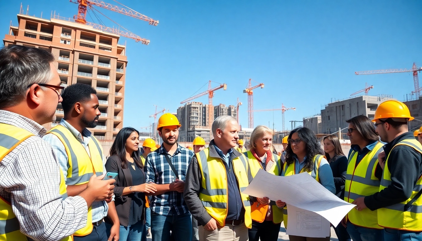 Engaging professionals in dynamic construction events, discussing plans with tools and blueprints.