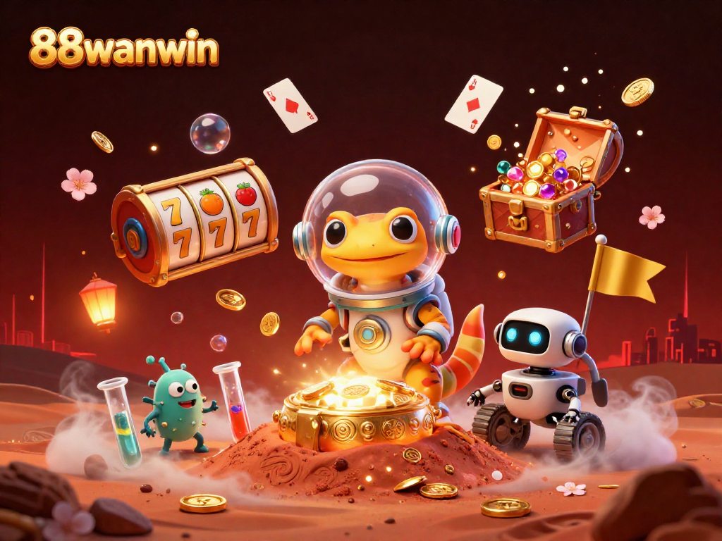 Experience the excitement of 88wanwin with a Martian gecko discovering a golden casino on Mars.