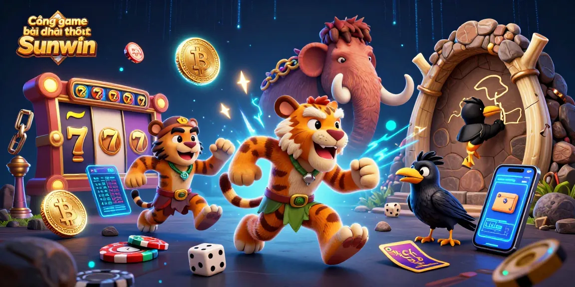 Cổng game bài đổi thưởng Sunwin offers a vibrant scene with animated cavemen and slot symbols focusing on dynamic casino action.