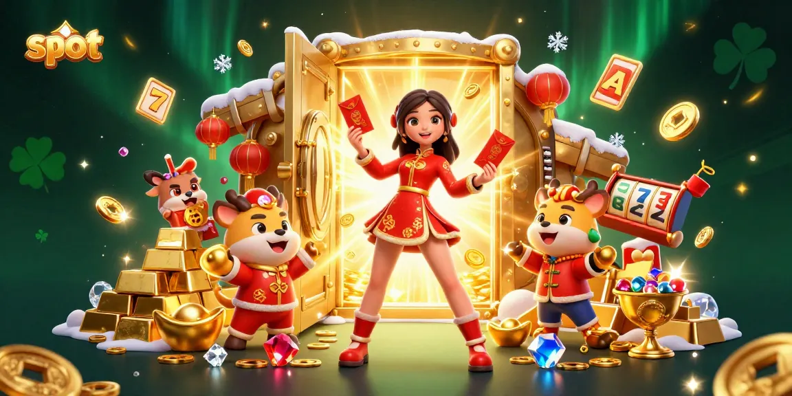 Spin slots with vibrant characters and gold treasures in a festive 3D illustration.