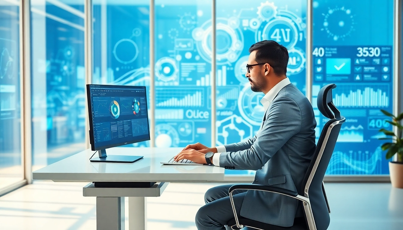Business analyst utilizing AI for competitive intelligence insights with modern technology.