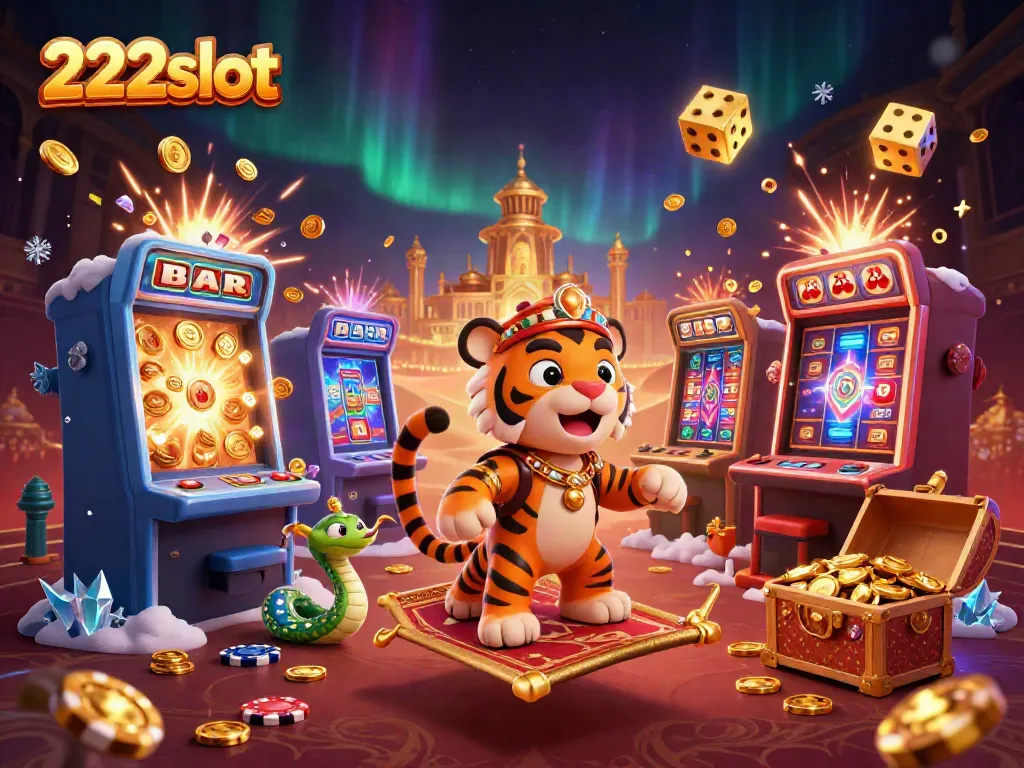 Gamer memainkan slot 222slot di tengah harta dan cahaya koin emas