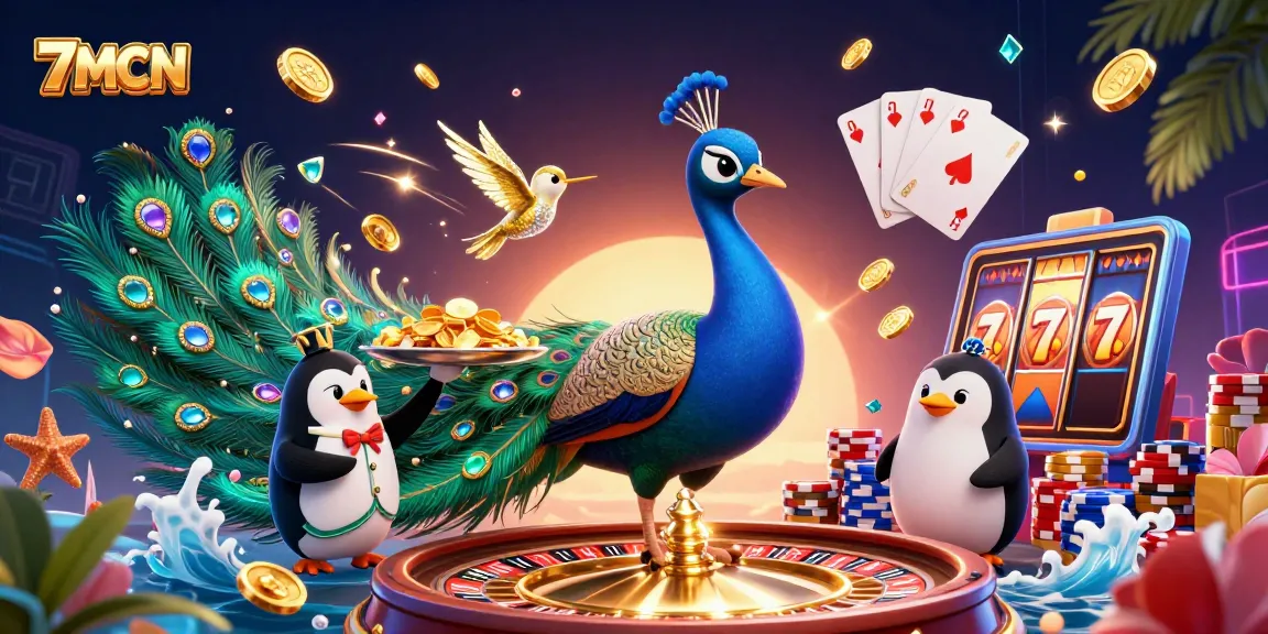 Spin for jackpots at 7MCN with golden peacock and vibrant casino treasures in stunning 3D art.