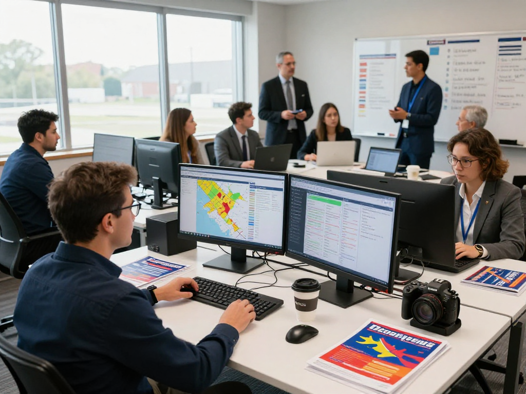Political campaign manager reviewing data to protect candidate reputation online in a bustling office.