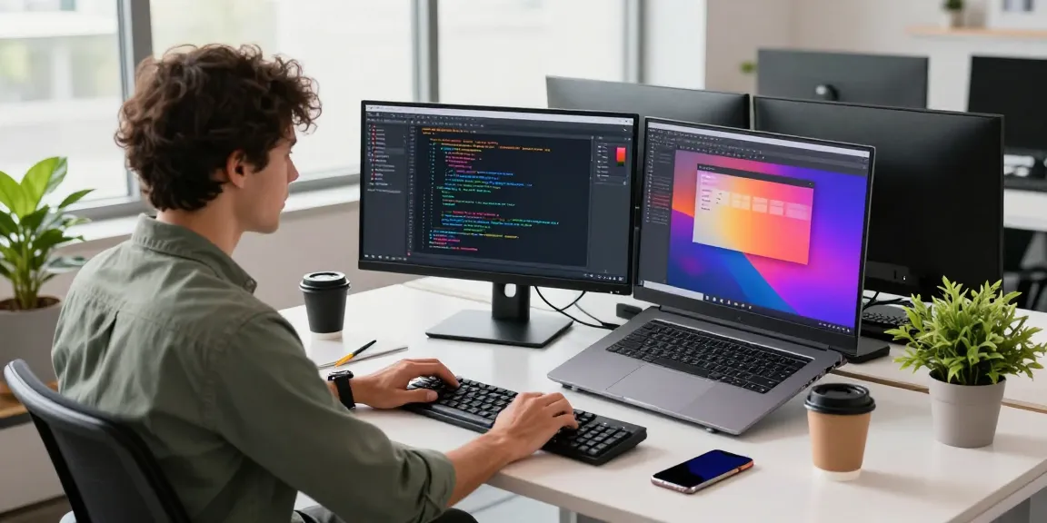 Developer coding in a modern workspace, featuring 纸飞机中文版 interface on display, with a sleek setup and vibrant work environment.