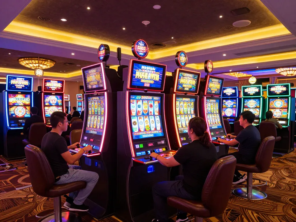 Players engaging with apk gacor slot machines in a lively casino environment.