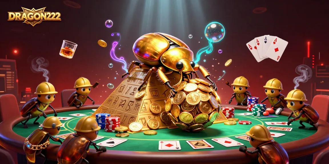 Engage with the exciting world of DRAGON222 as a golden beetle rolls coins to victory amidst casino elements.