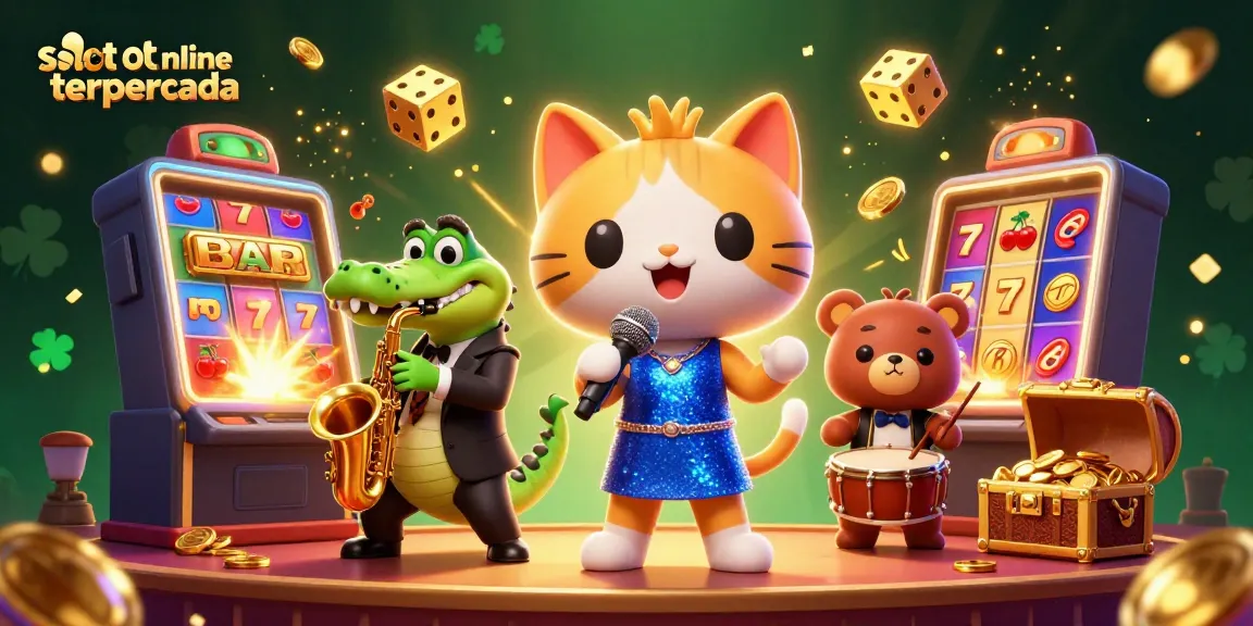 Mesin slot online terpercaya dengan karakter kartun bermain musik dan kerumunan simbol kemenangan di kasino.