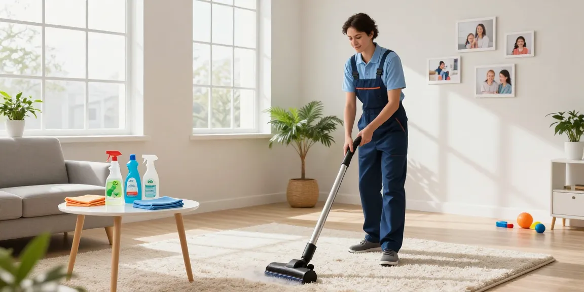 Find out more about an efficient home cleaning service in a bright living room scene.