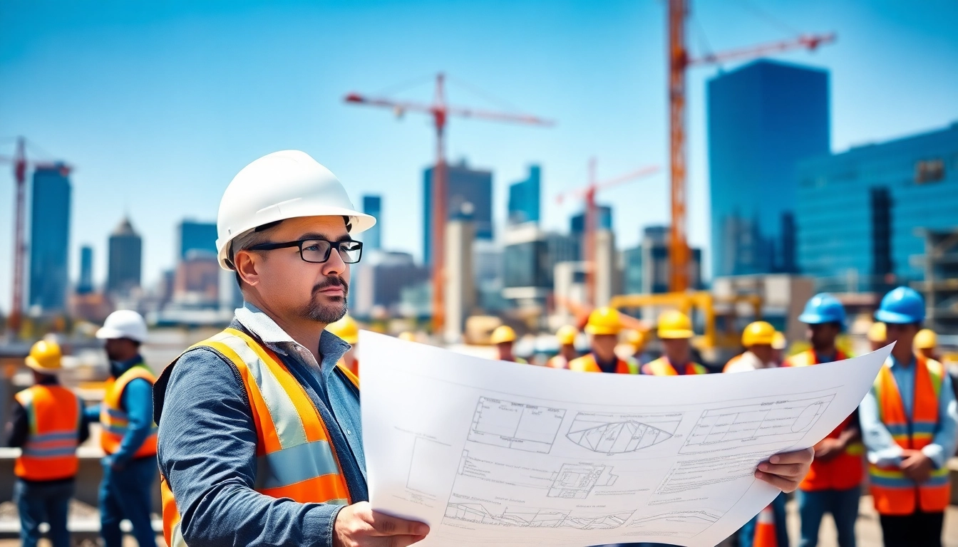 New York Construction Manager engaging with team members at an urban construction site.