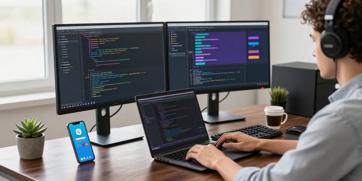 Dynamic coding workspace featuring Telegram 中文版 on monitors, showcasing innovation in tech.