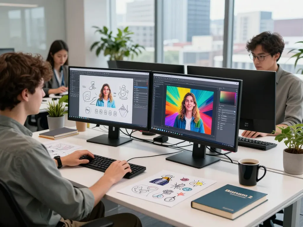 Designer using Nano Banana 2 AI tools for image creation in a modern workspace.