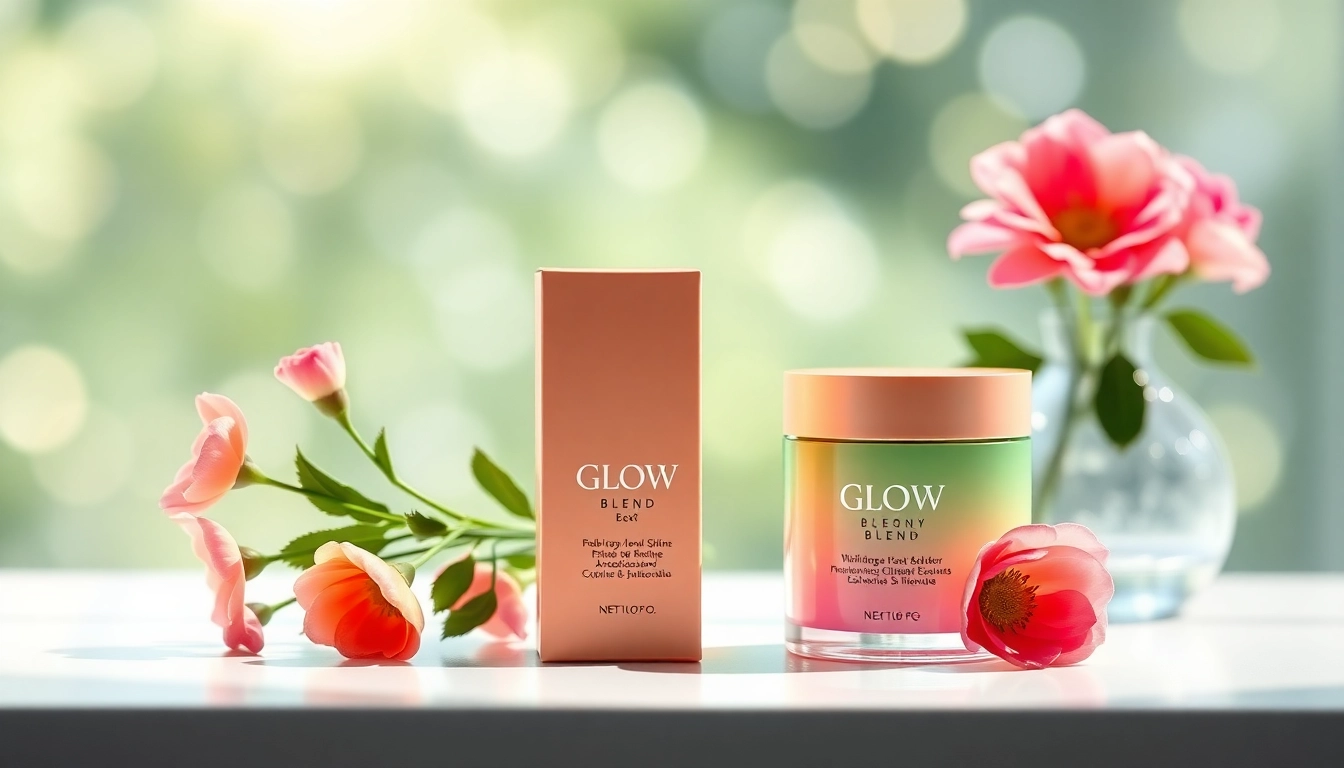 Apply Glow Blend skincare product elegantly set amidst flowers, showcasing texture and inviting ambiance.