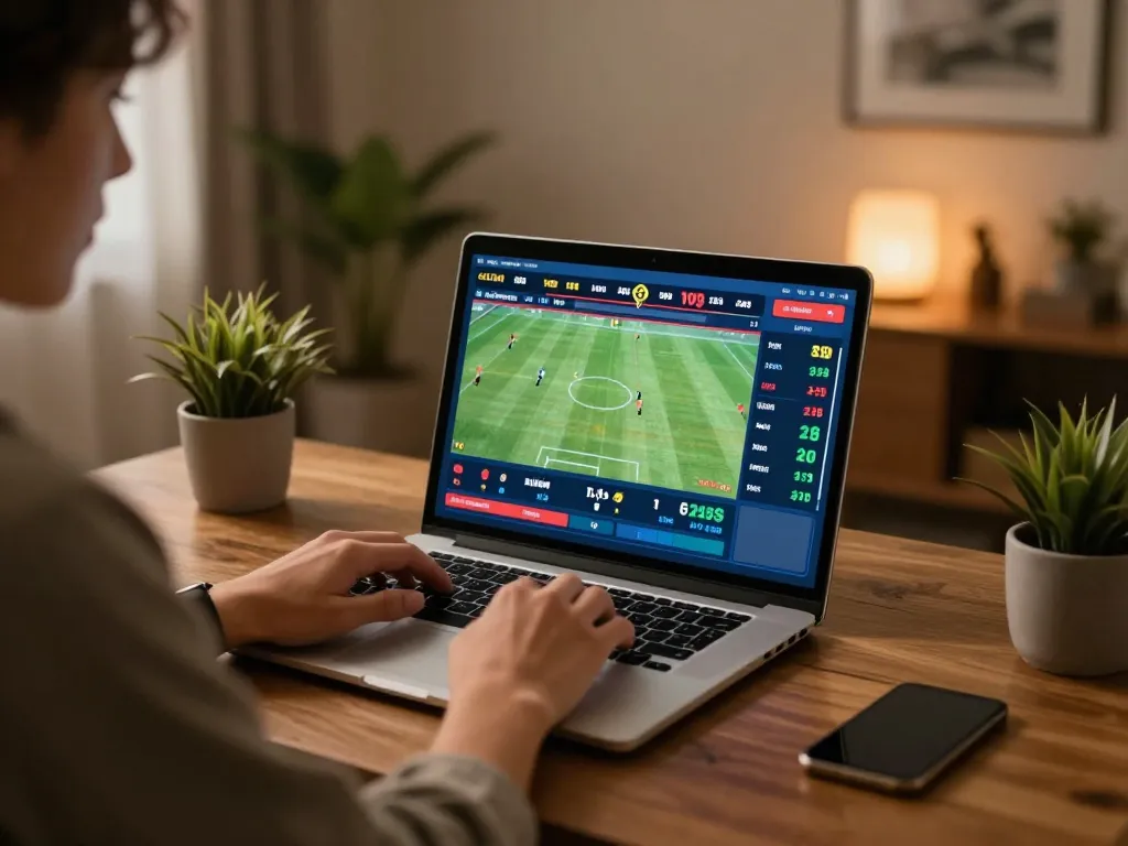 Kèo nhà cái 5 betting setup with a laptop showing live sports odds, creating an engaging gambling atmosphere.