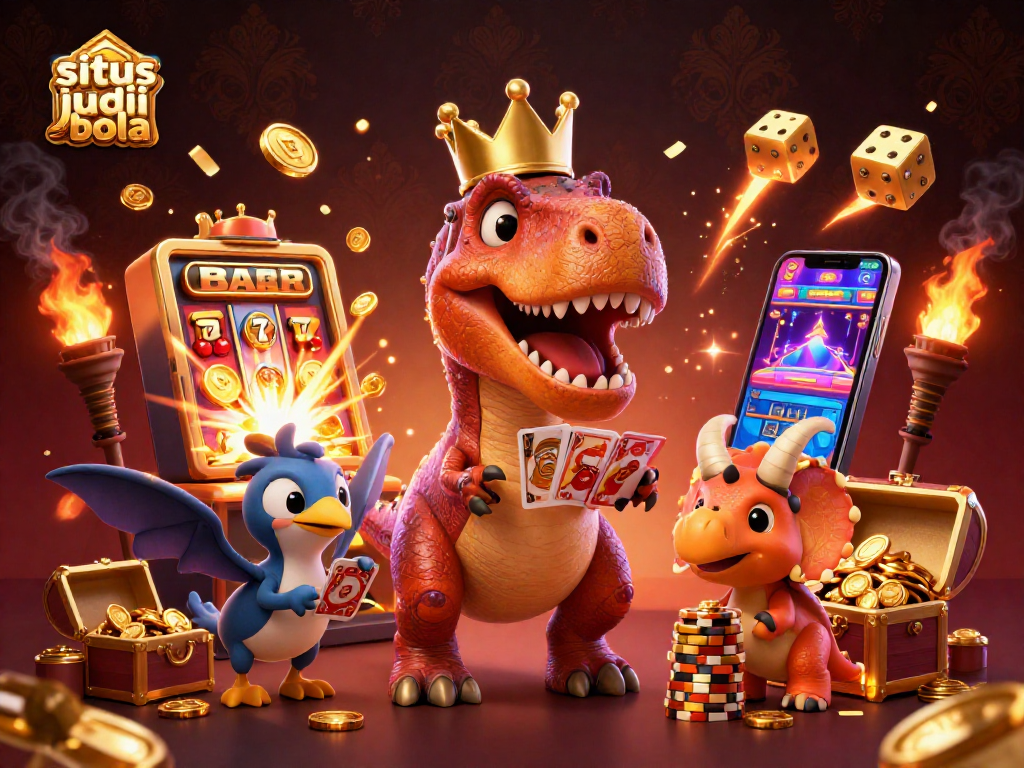 Engage with situs judi bola in this vibrant scene showcasing dynamic casino elements and friendly characters.