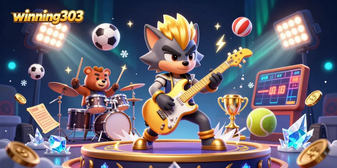 Winning303 brings excitement with a lively casino scene featuring a rock star wolf and a drummer bear.
