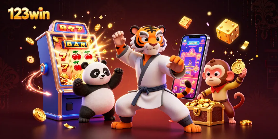 Spin and win at 123win with a vibrant casino scene featuring slots and playful characters.