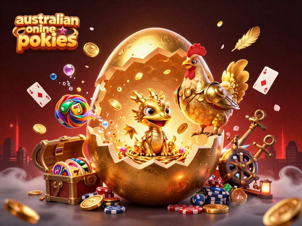 Play australian online pokies with exciting visuals of a golden dragon amidst coins and game symbols.