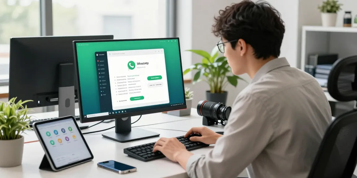 Engaged professional using WhatsApp電腦版 on a modern workspace setup with a sleek monitor and productivity tools.