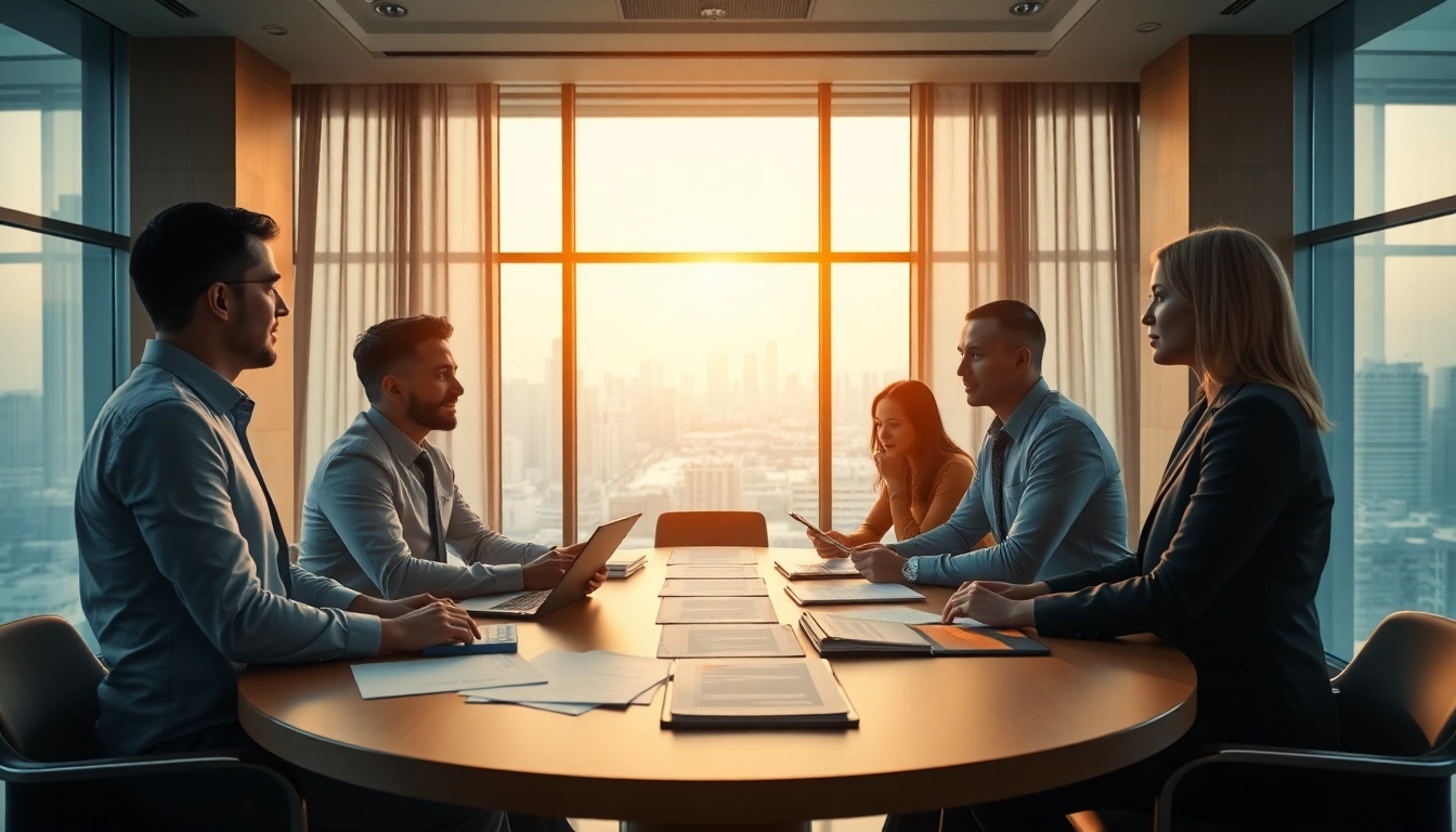 Crisis management consultant leading a strategic meeting in a modern office setting.