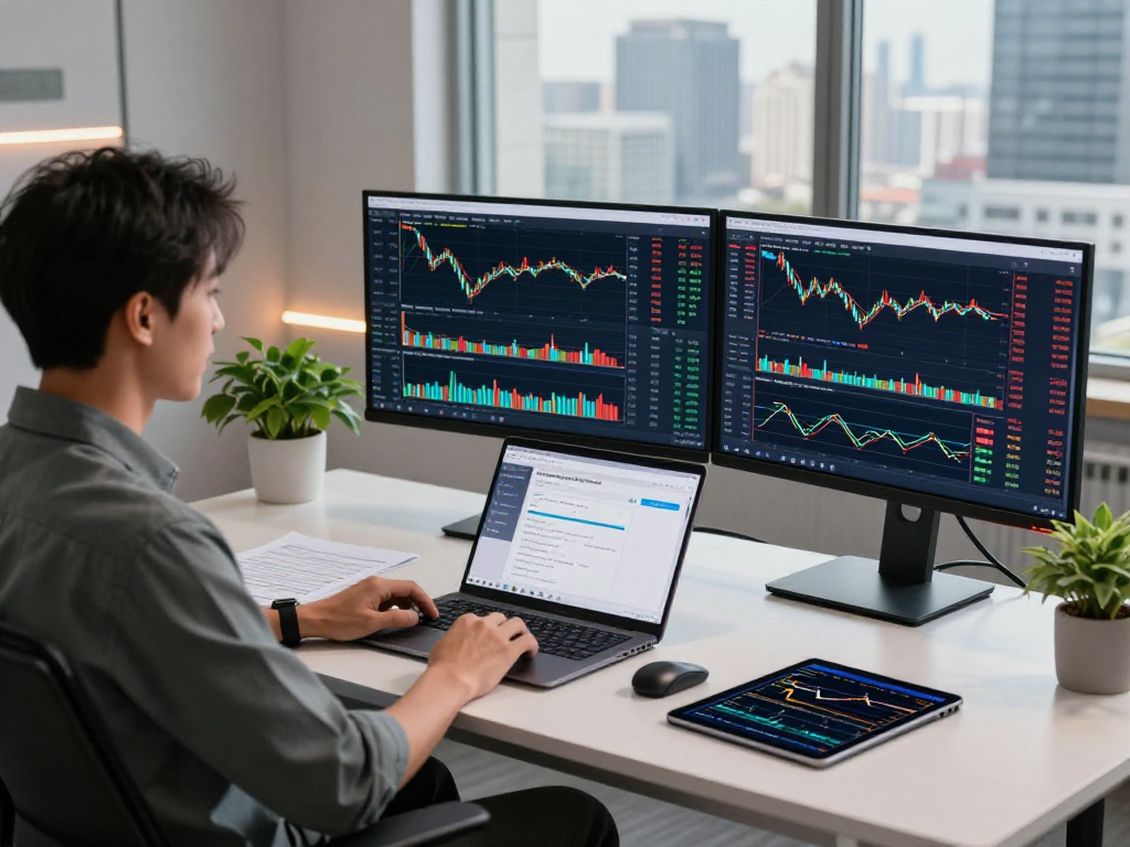 TradingView chart analysis in a professional trading environment with multiple monitors and live data displays.