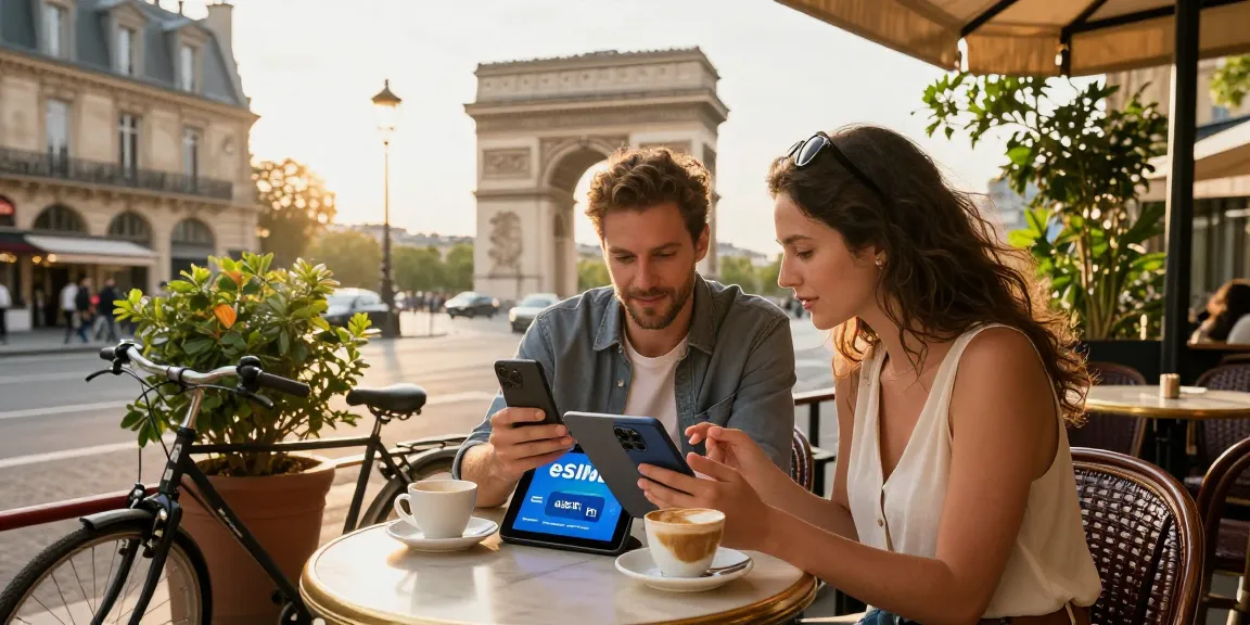 The couple comparing esim coupons at a Paris café while exploring