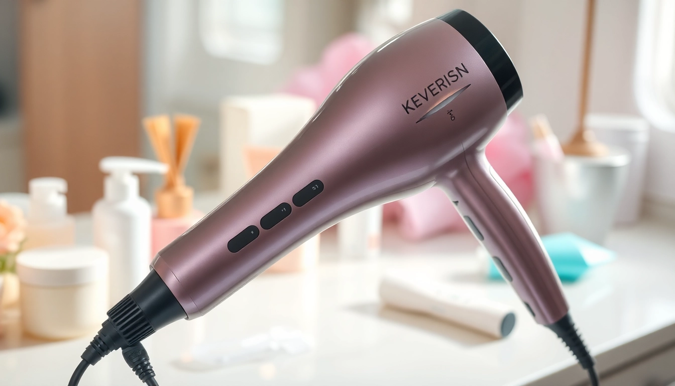 Model using a hair dryer for frizzy hair showcasing its smooth design and functionality.