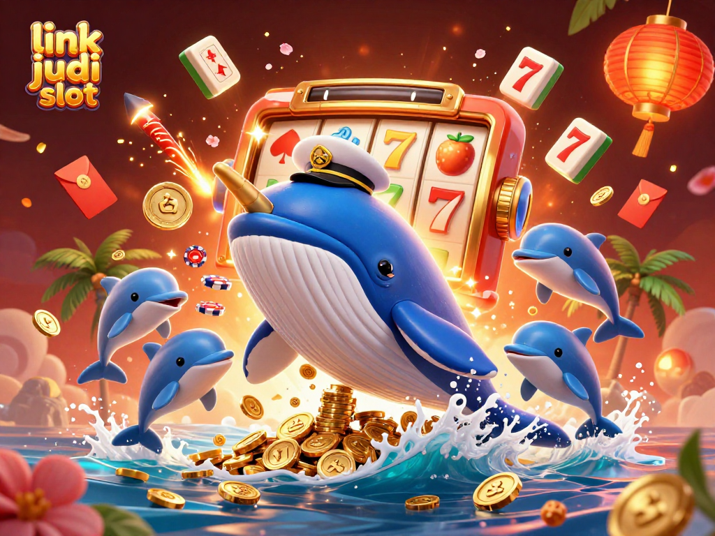 Jelajahi keseruan link judi slot dengan ikan paus 3D dan simbol keberuntungan mengelilinginya.