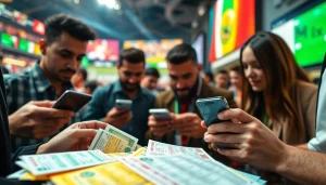 Engaged bettors using mobile devices at the best sports betting sites Mexico in a vibrant setting.