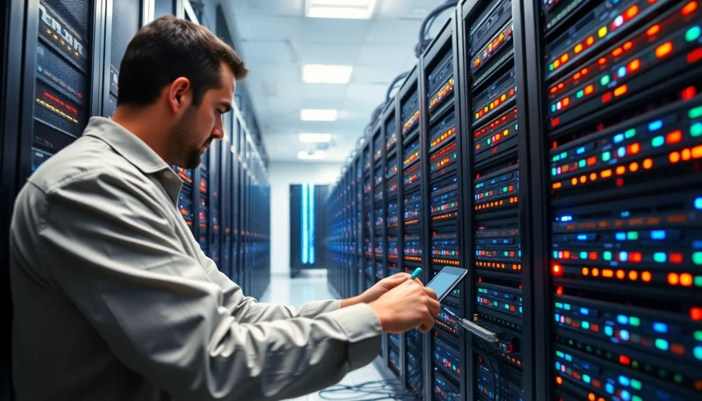 IT technician engaged in NAS & SAN Storage Deployment setup in a modern server room with advanced technology.