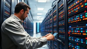 IT technician engaged in NAS & SAN Storage Deployment setup in a modern server room with advanced technology.