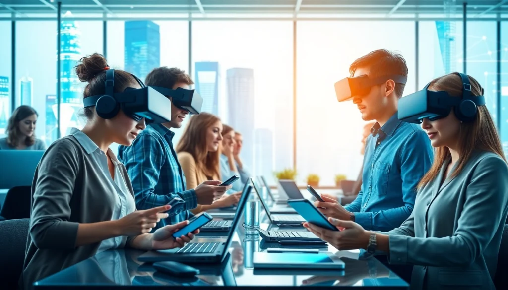 Engaging individuals utilizing technology in a modern workspace, showcasing the integration of technology.