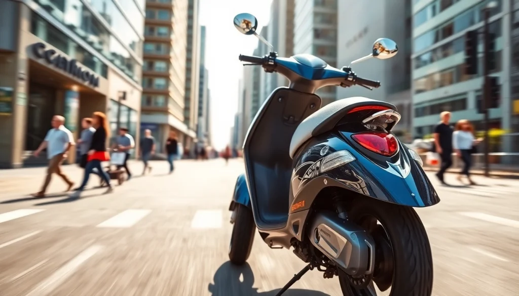 Motorroller 50ccm fährt dynamisch durch eine belebte Stadtlandschaft.