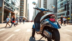 Motorroller 50ccm fährt dynamisch durch eine belebte Stadtlandschaft.