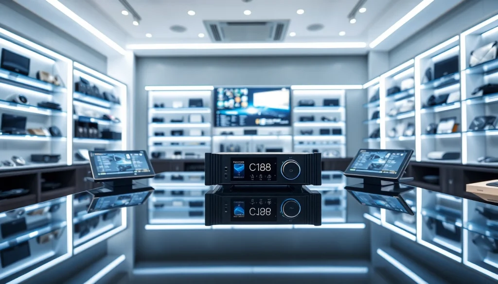 Showcase of the C 168 device in a modern tech shop highlighting its innovative features.