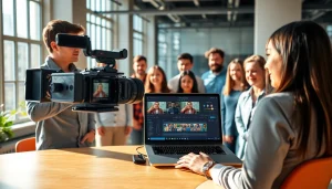 Visualizing a video content strategy presentation with an engaged audience and modern equipment.