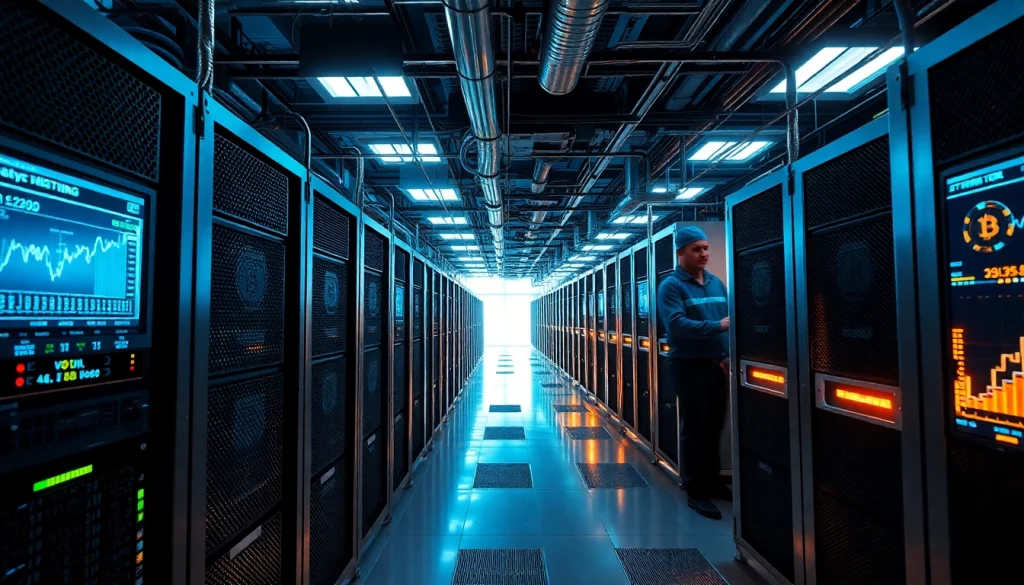 Bitcoin mining facility with advanced ASIC miners showcasing a tech-savvy environment.