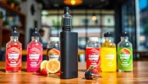 Vape ohne nikotin mit bunten Geschmacksrichtungen in einem Café-Umfeld präsentieren.